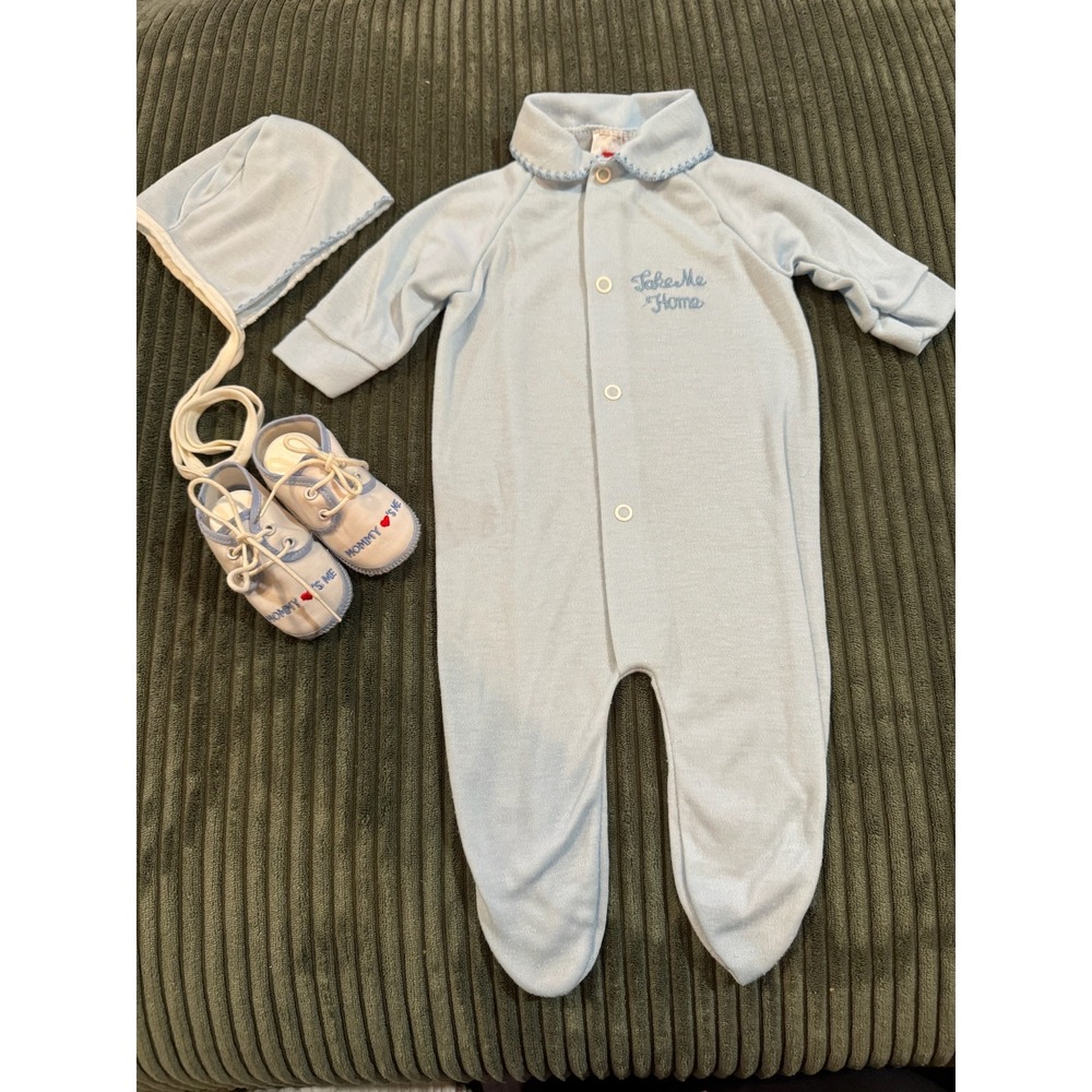 Vintge Baby Take Me Home Footed Pajamas Bonnet and Shoes Set Blue